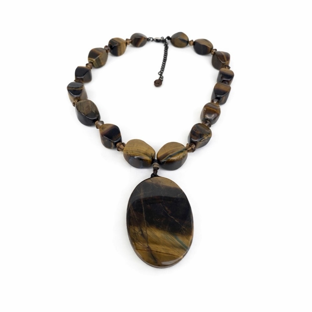 Necklace brown beads two tone earth‎ tones acrylic beads big pendant 15" long